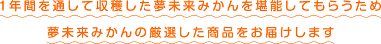 １年間を通して収穫した夢未来みかんを堪能してもらうため、夢未来みかんの厳選した商品をお届けします。